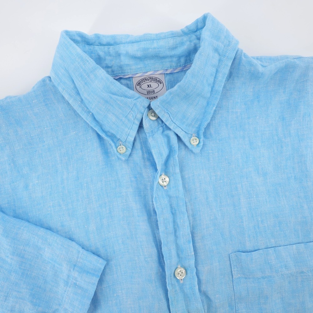 Brooks Brothers Regent 100% Linen Button Down Shirt Blue Short Sleeve Mens XL